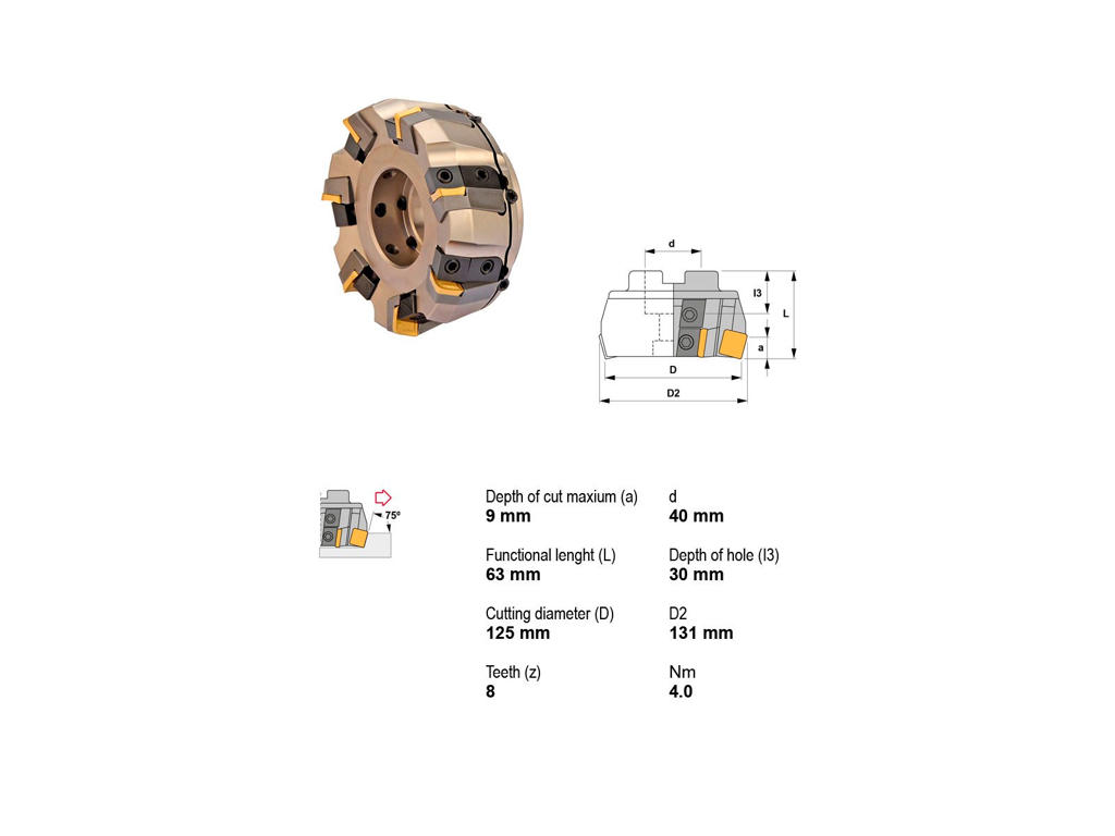 CANELA KNIVHOVED 75° Ø125/40MM - 9 SKÆR
